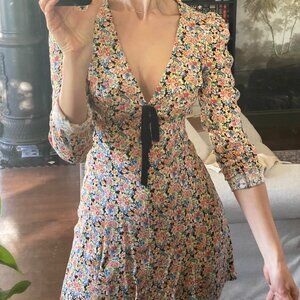 Reformation Mavis Floral Short Mini Dress with Black Bow - Size 2